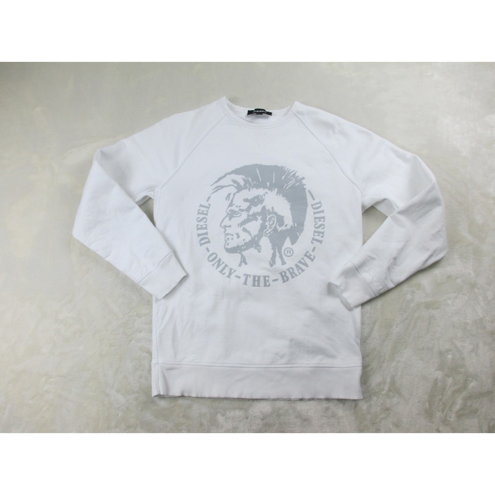 Diesel Sweater Mens Small White Trojan Only The Brave Crew Neck Cotton Pullover*